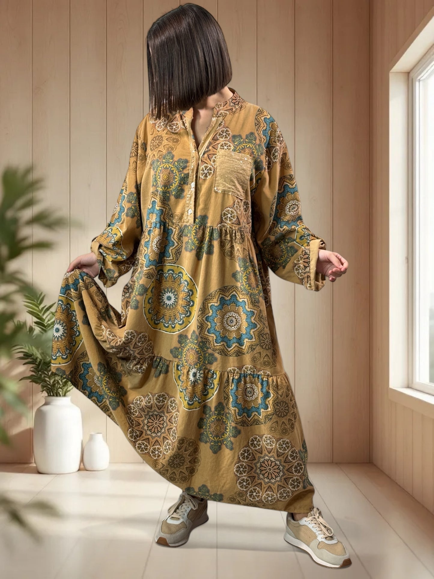VANINA - ROBE CAMEL A MOTIF EN VELOURS JUSQU'A LA TAILLE 52