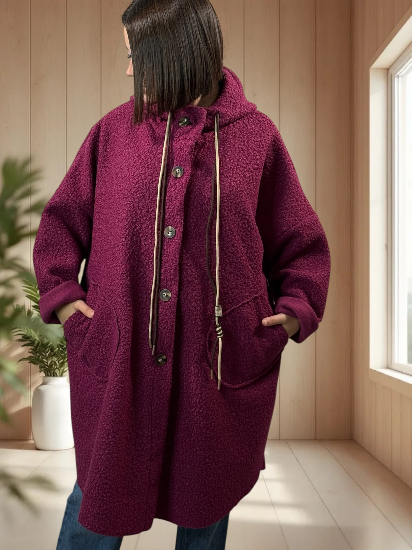 CAPRICE - VESTE OVERSIZE CYCLAMEN A CAPUCHE JUSQU'A LA TAILLE 54