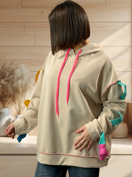 MAXENCE - SWEAT A CAPUCHE OVERSIZE BEIGE JUSQU'A LA TAILLE 54