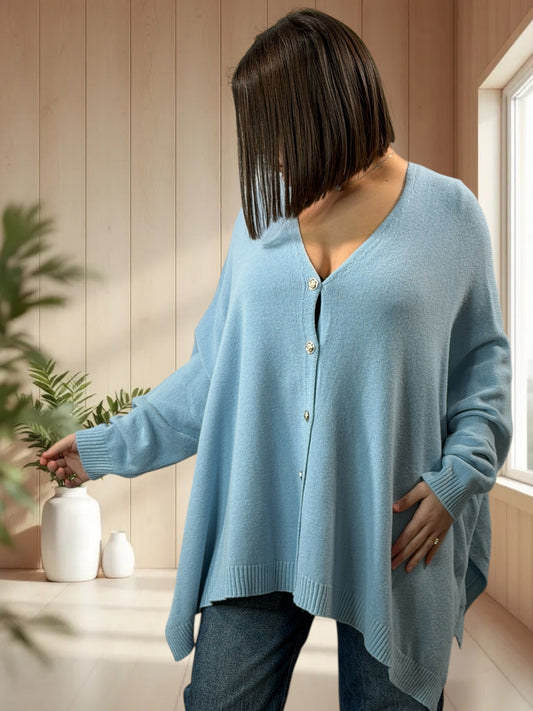 MATHILDE - GILET OVERSIZE BLEU CIEL JUSQU'A LA TAILLE 56/58