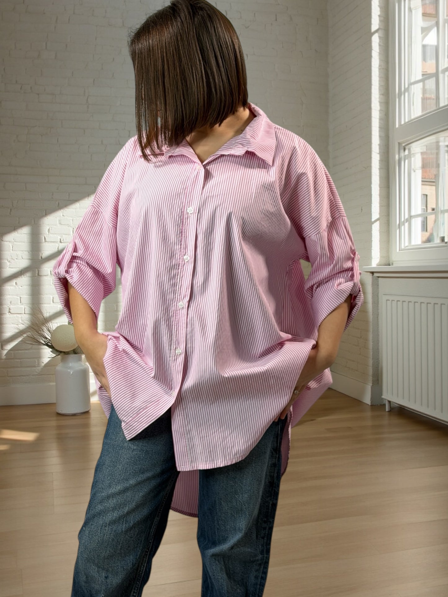 EMMA - CHEMISE OVERSIZE ROSE A RAYURE JUSQU'A LA TAILLE 52/54