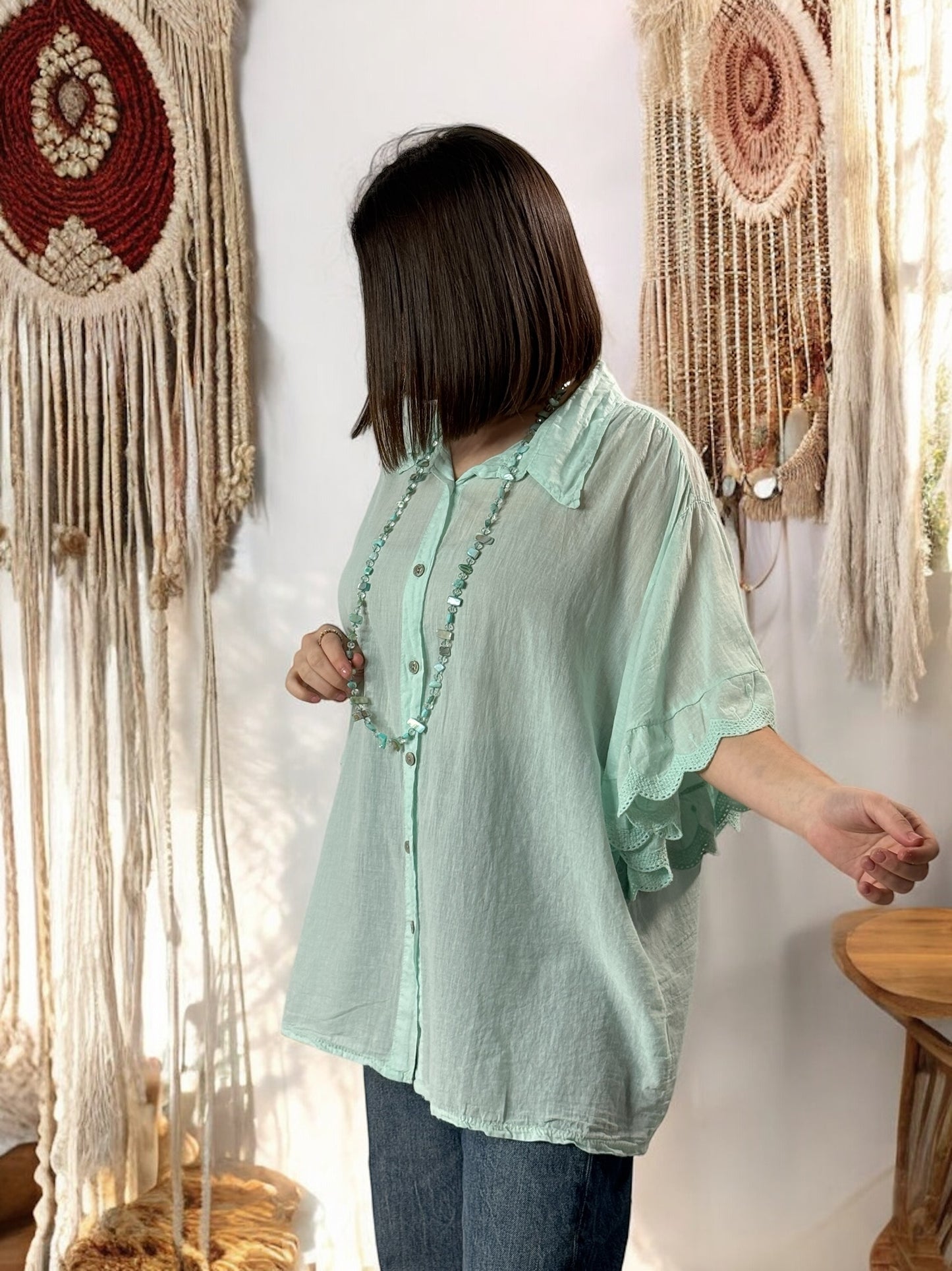 ANASTASIA - BLOUSE OVERSIZE LAGON EN COTON JUSQU'A LA TAILLE 52/54