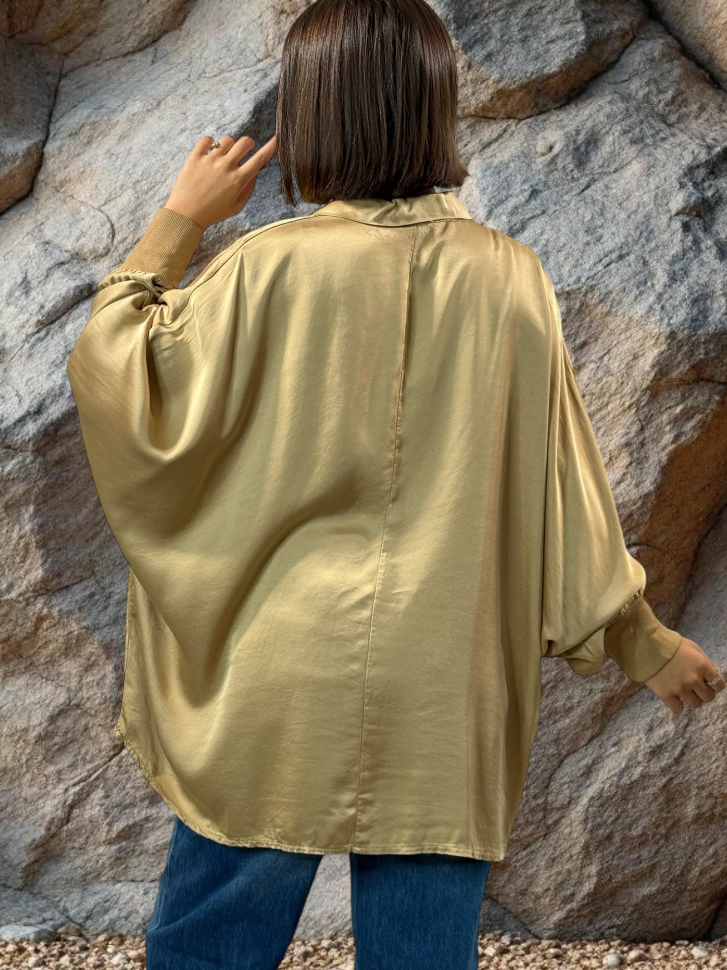 MONICA - TUNIQUE CAMEL OVERSIZE ASPECT SOIE JUSQU'A LA TAILLE 56