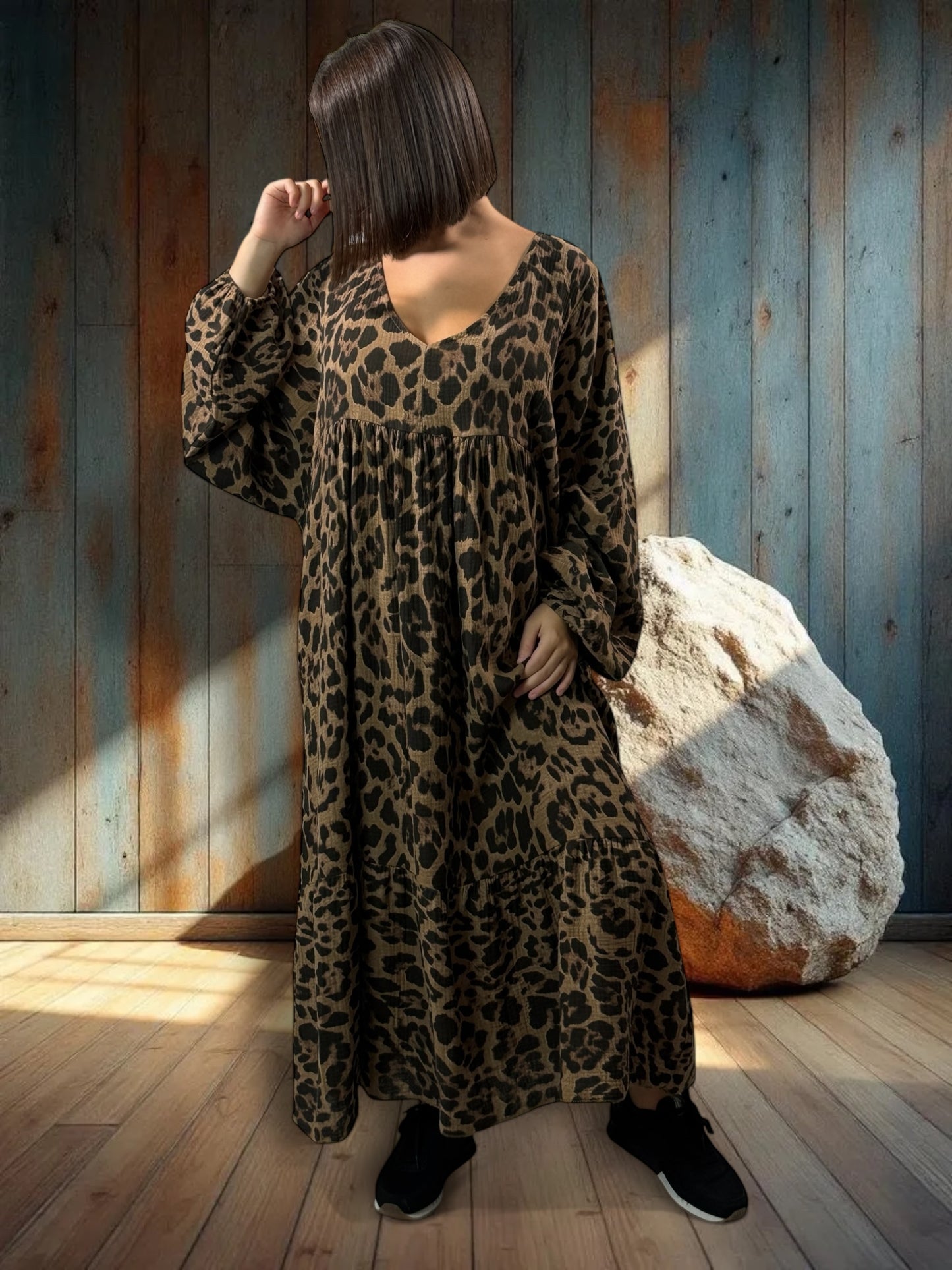 ANOUSHKA - ROBE LEOPARD CAMEL JUSQU'A LA TAILLE 56