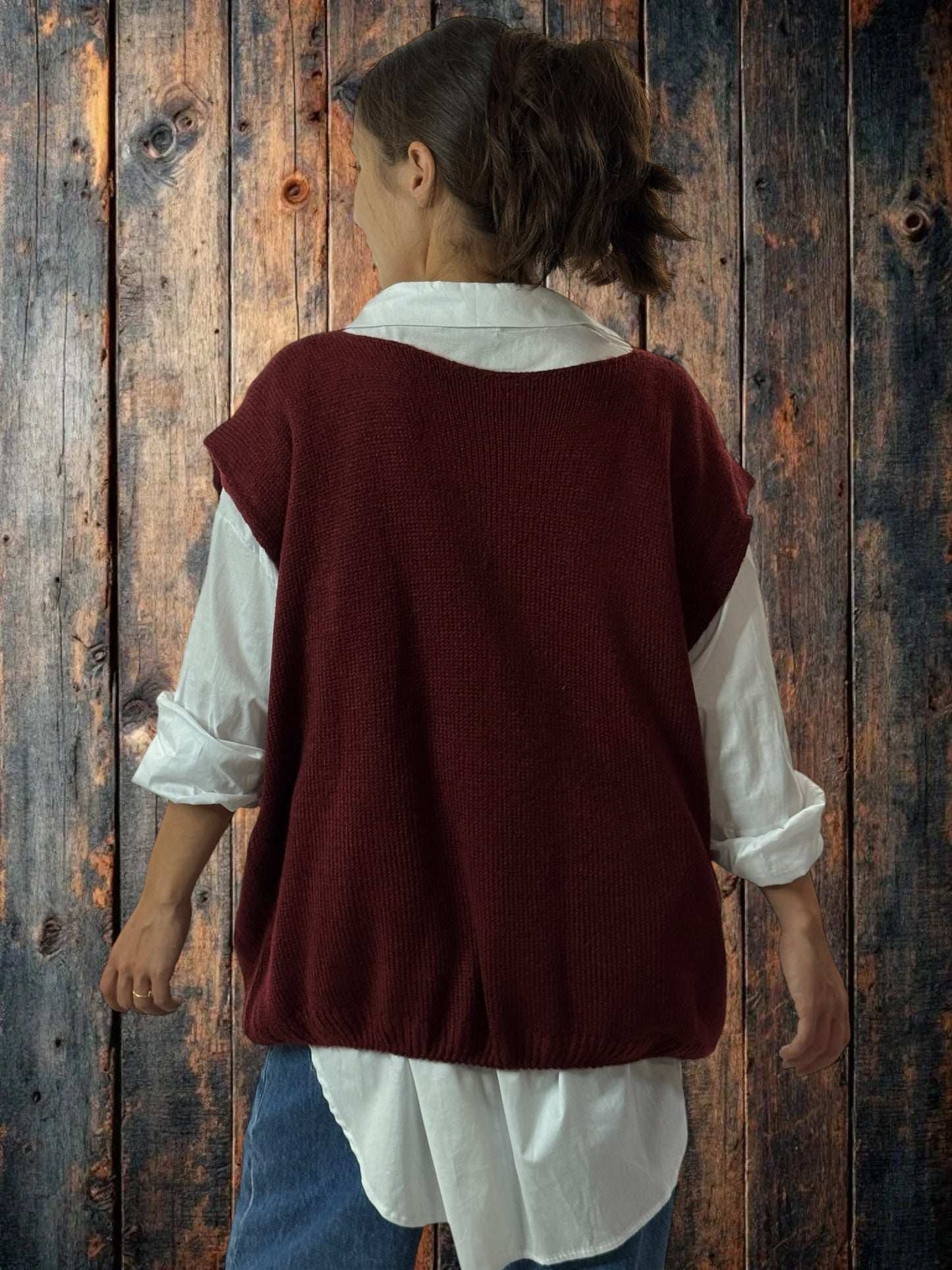 GIANNI - GILET BORDEAUX SANS MANCHE POCHES EN JEAN JUSQU'A LA TAILLE 52
