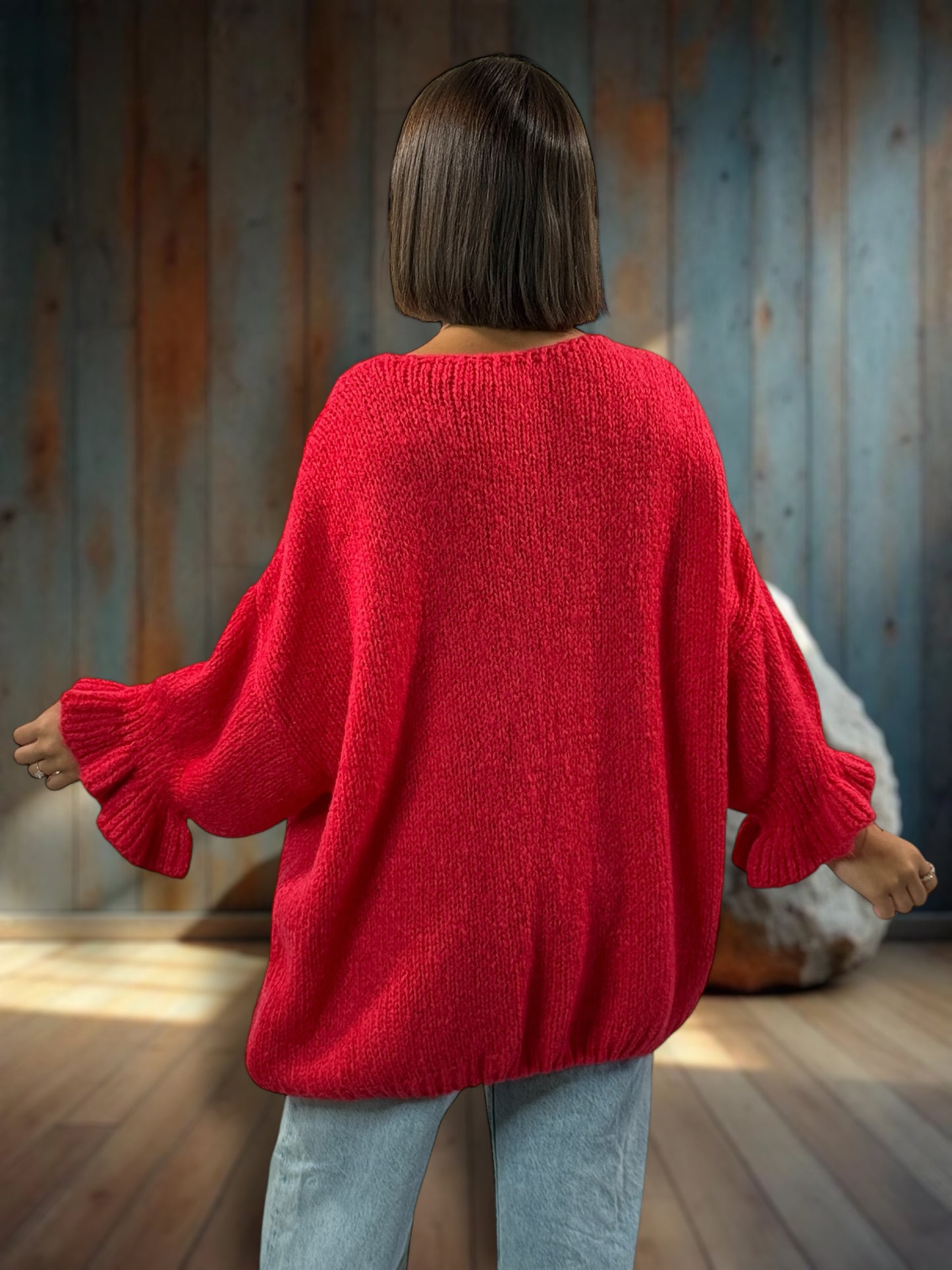 BERENGERE - GILET OVERSIZE ROUGE AVEC NOEUDS JUSQU'A LA TAILLE 52/54