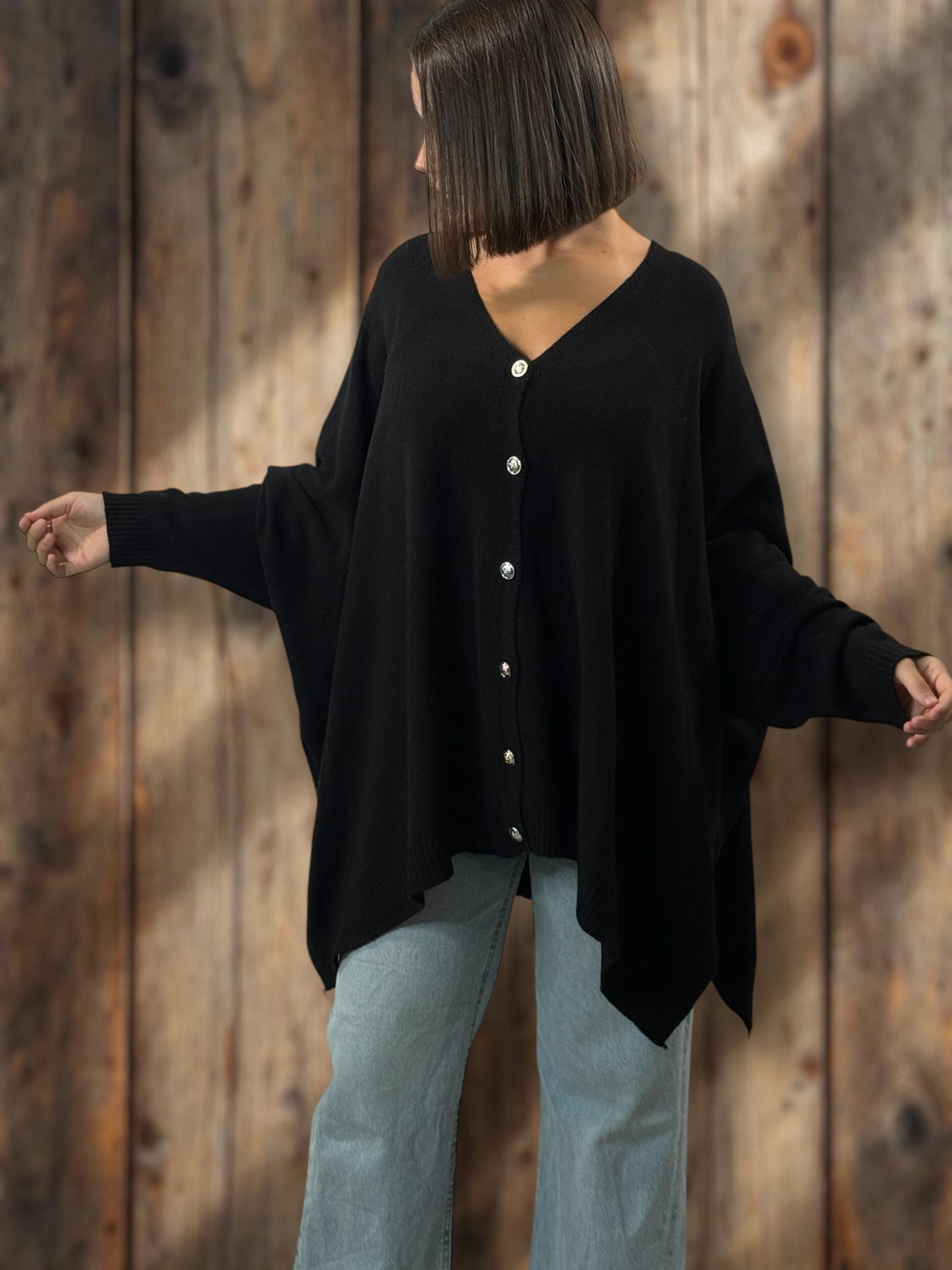 MATHILDE - GILET OVERSIZE NOIR JUSQU'A LA TAILLE 56/58