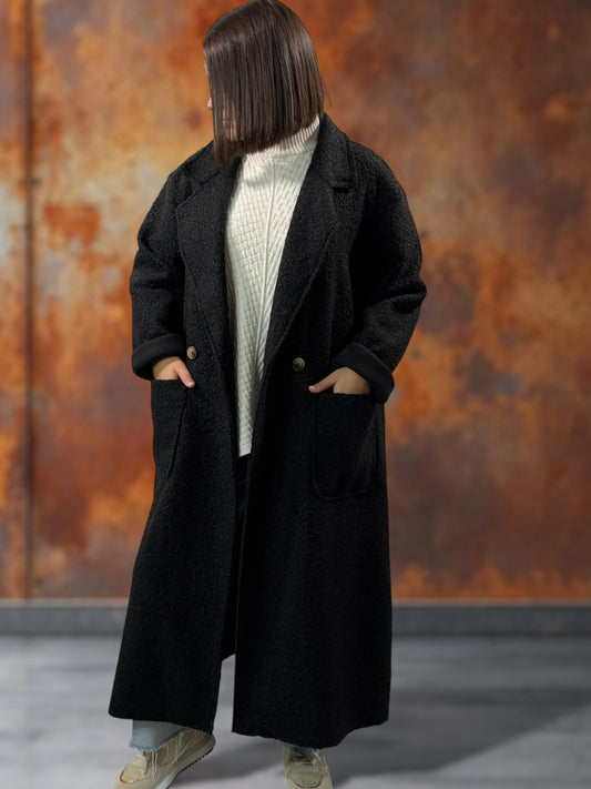 JULIEN - LONG MANTEAU NOIR EN BOUCLETTE JUSQU'A LA TAILLE 50/52