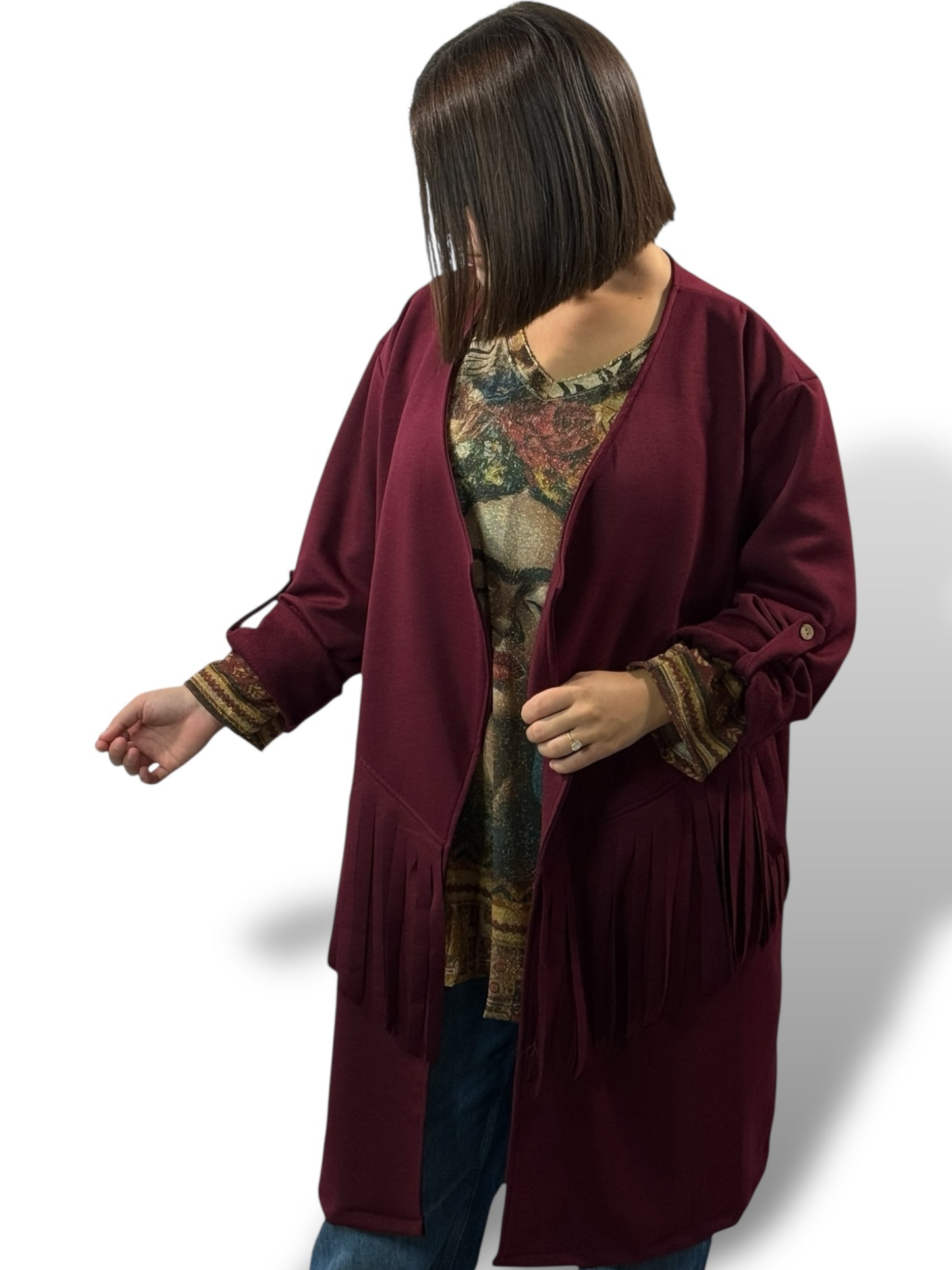 FERIA - VESTE BORDEAUX A FRANGE OVERSIZE JUSQU'A LA TAILLE 52/54