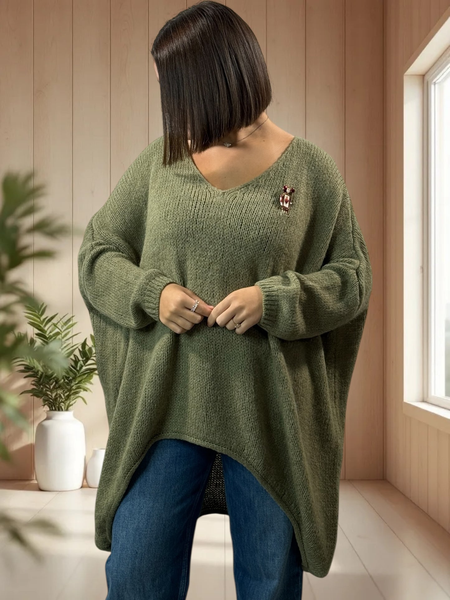JULIA- PULL OVERSIZE KAKI JUSQU'A LA TAILLE 56/58