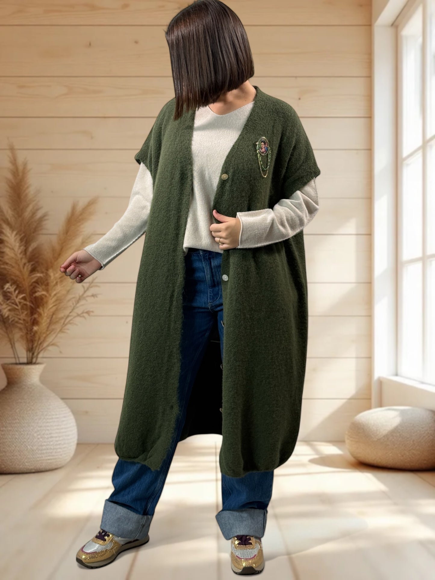 UGO - LONG GILET OVERSIZE KAKI JUSQU'A LA TAILLE 56/58