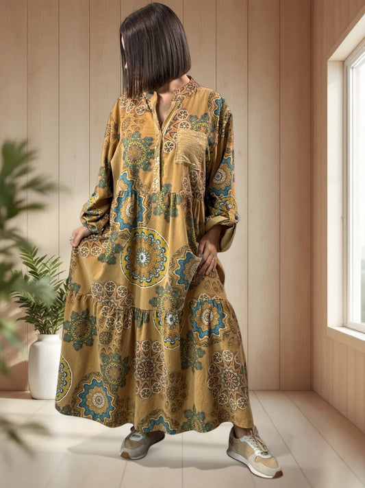 VANINA - ROBE CAMEL A MOTIF EN VELOURS JUSQU'A LA TAILLE 52