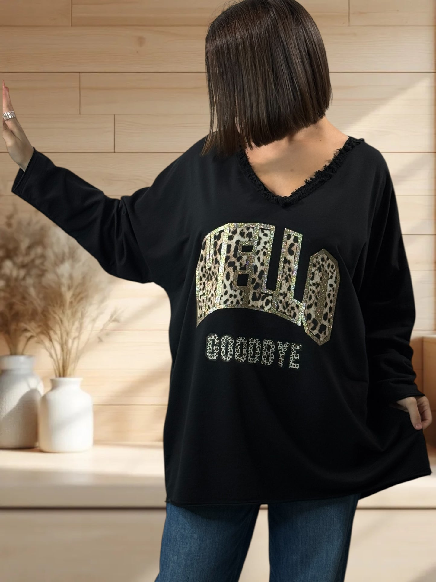 SANTIAGO - TOP NOIR EN COTON LOGO LEOPARD JUSQU'A LA TAILLE 56