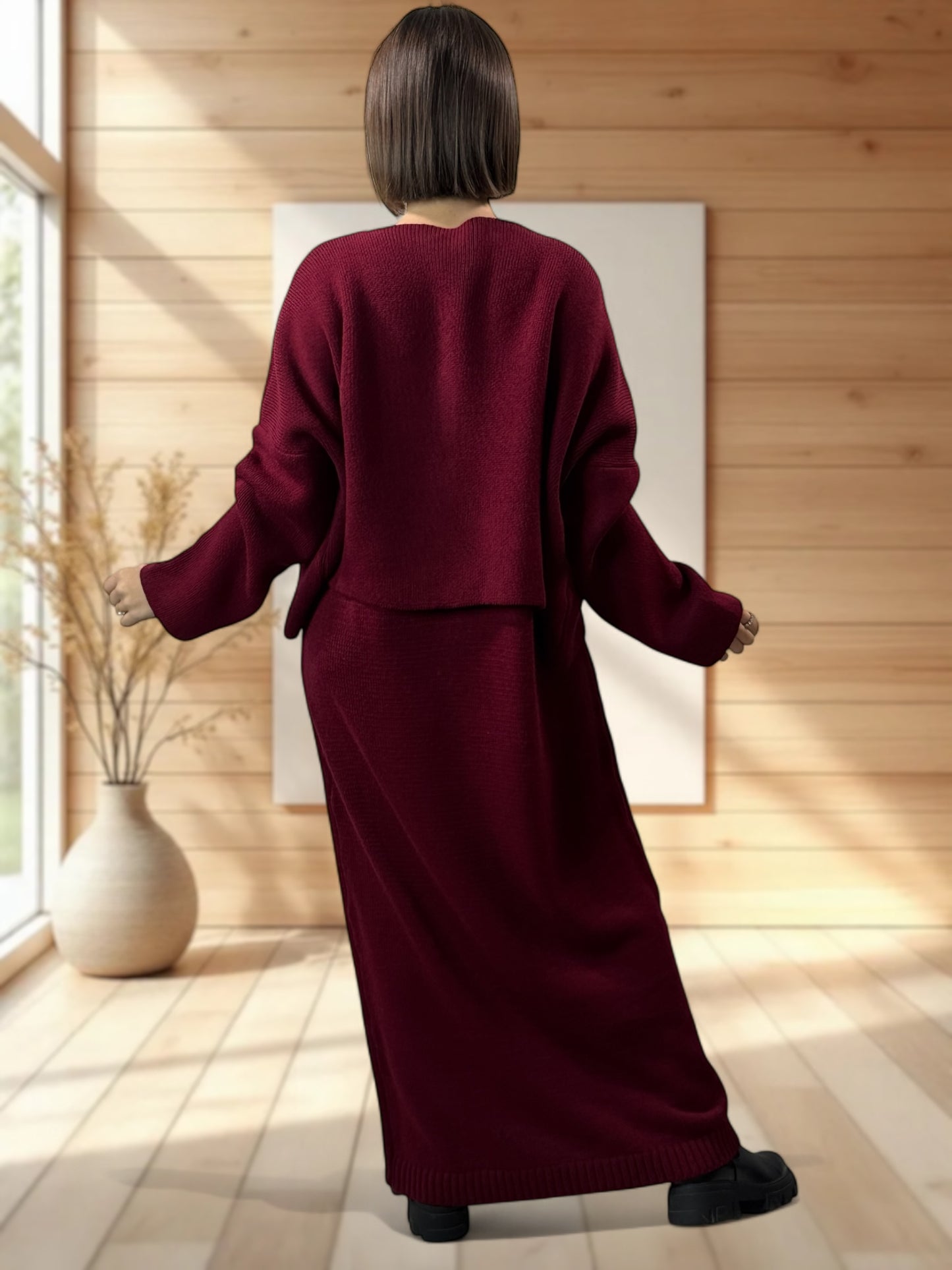 GABRIELA - ENSEMBLE BORDEAUX EN MAILLE ROBE ET GILET JUSQU'A LA TAILLE 48