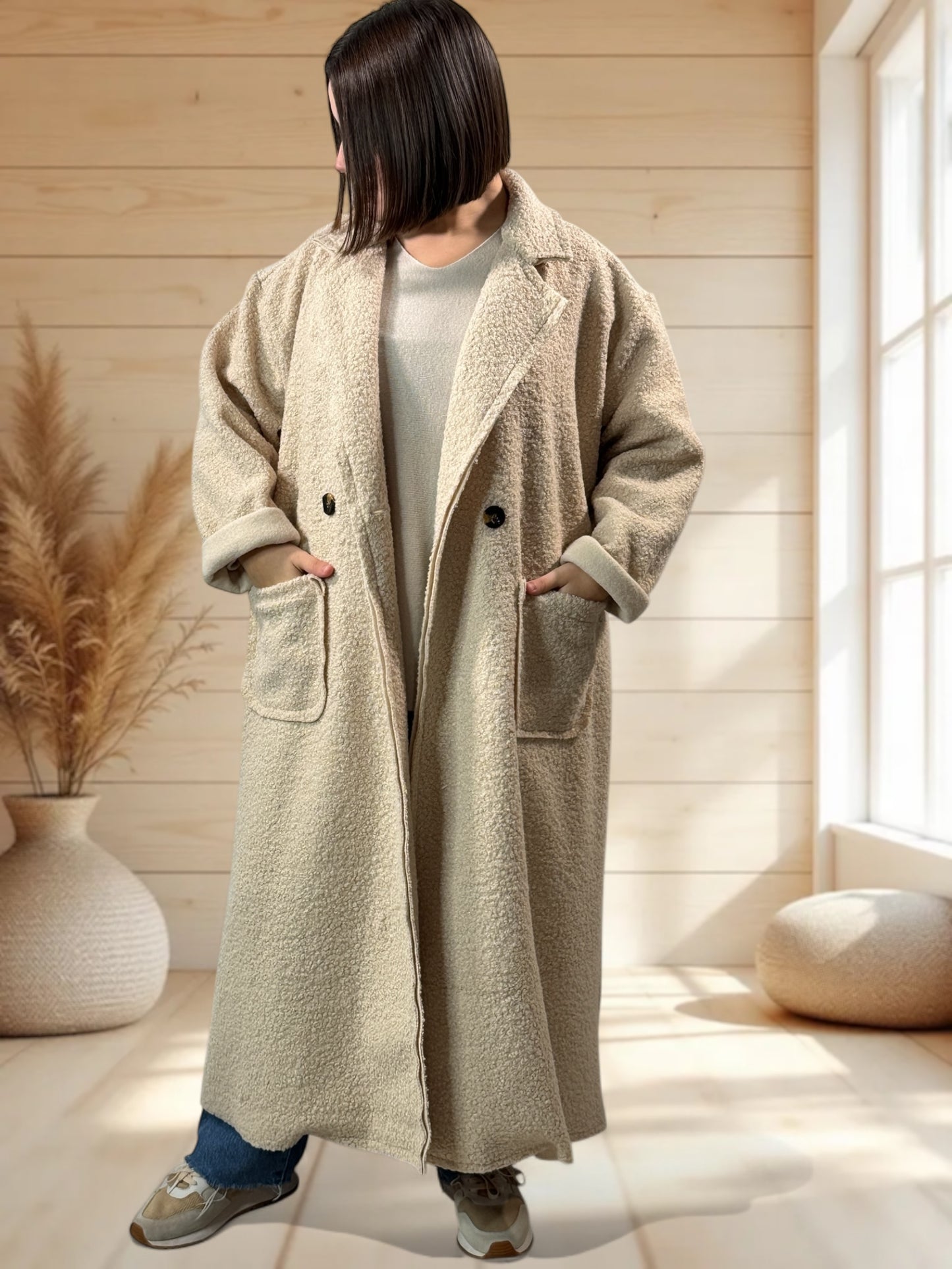 SYLVIO - LONG MANTEAU BEIGE JUSQU'A LA TAILLE 54