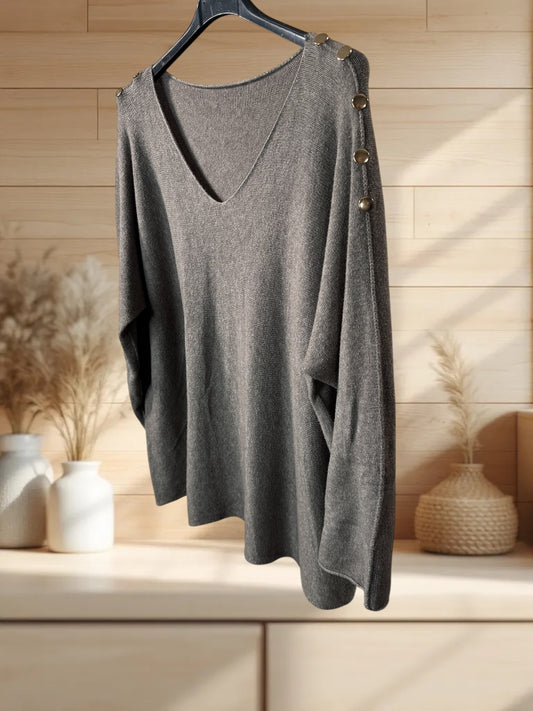 DONNA - PULL OVERSIZE TAUPE AVEC BOUTONS DORES JUSQU'A LA TAILLE 52