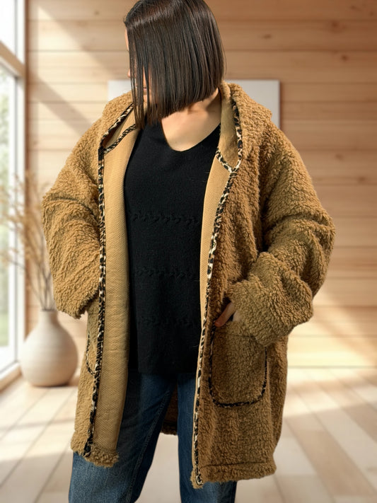 PAOLA - VESTE OVERSIZE CAMEL EN MOUMOUTE JUSQU'A LA TAILLE 54/56