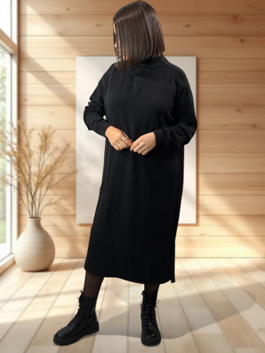 LEONIE - ROBE EN MAILLE NOIRE OVERSIZE JUSQU'A LA TAILLE 48/50