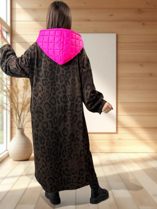 VICTORIA - MANTEAU OVERSIZE LEOPARD A CAPUCHE JUSQU'A LA TAILLE 52