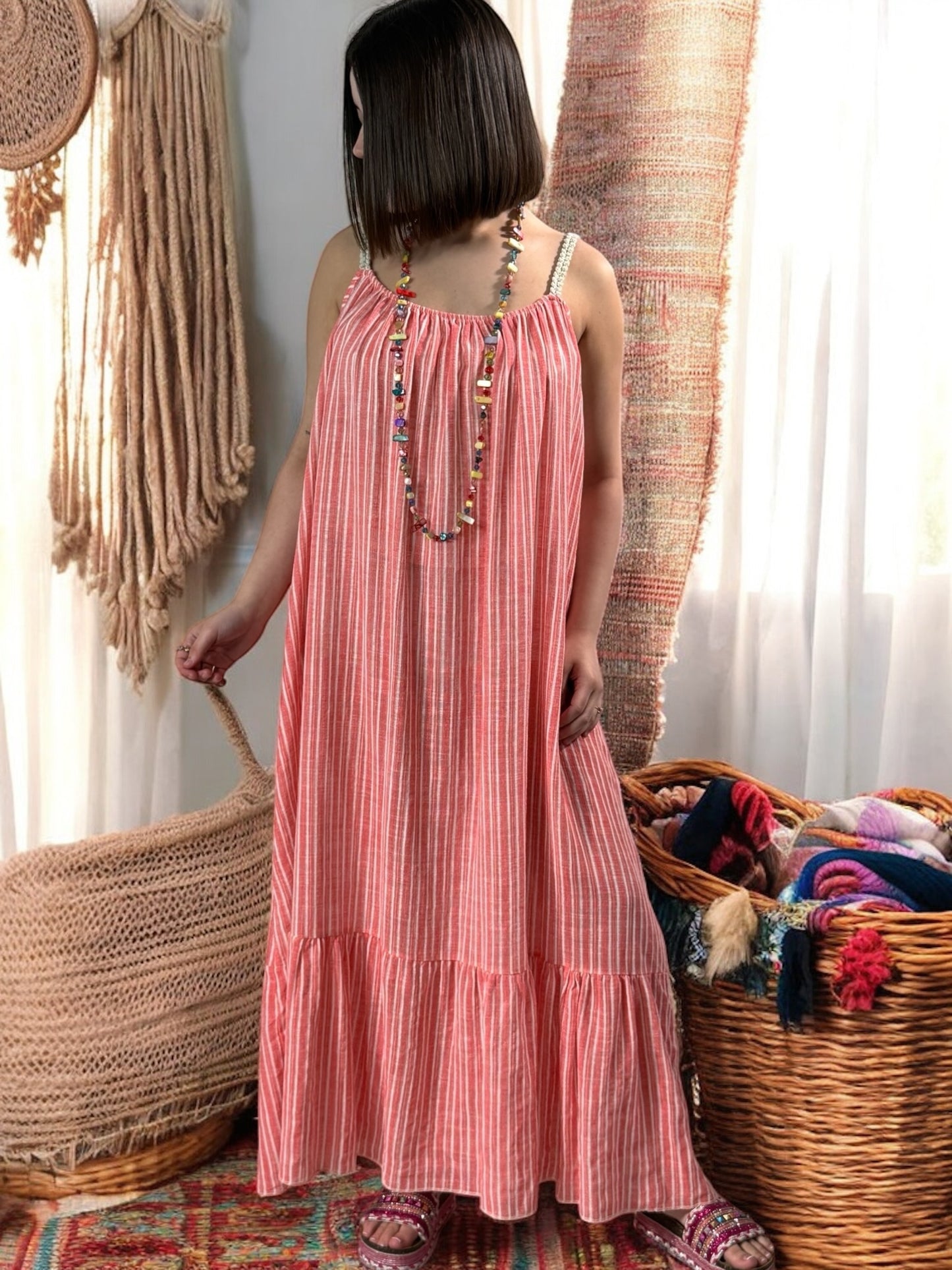 MARION - ROBE LONGUE CORAIL A RAYURE JUSQU'A LA TAILLE 54