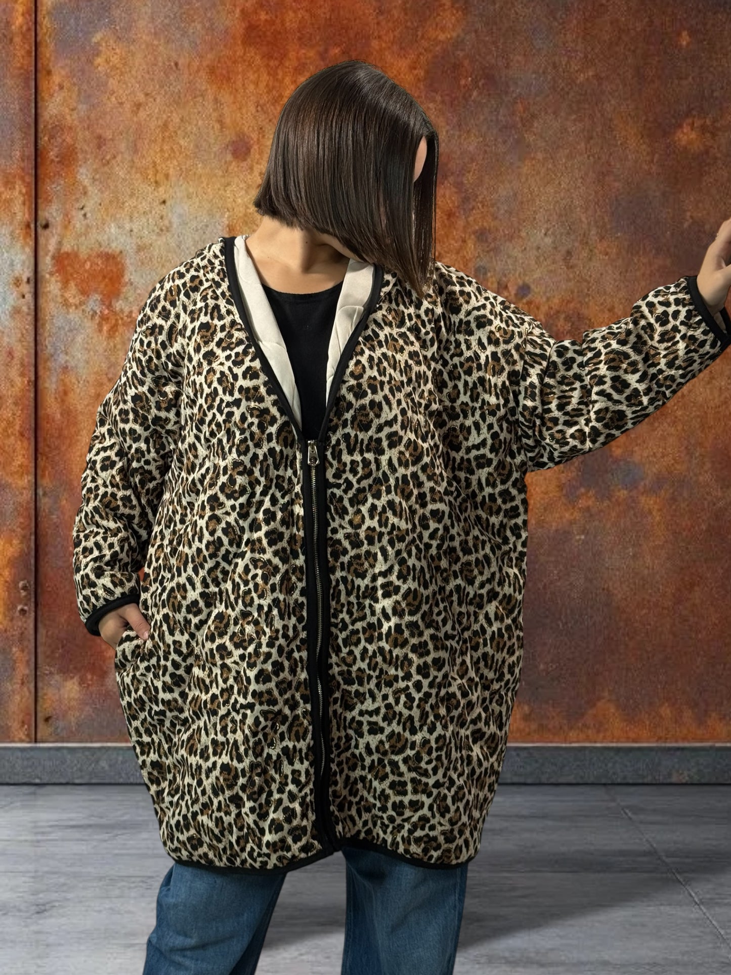 ROMA - VESTE LEOPARD OVERSIZE A CAPUCHE JUSQU'A LA TAILLE 52