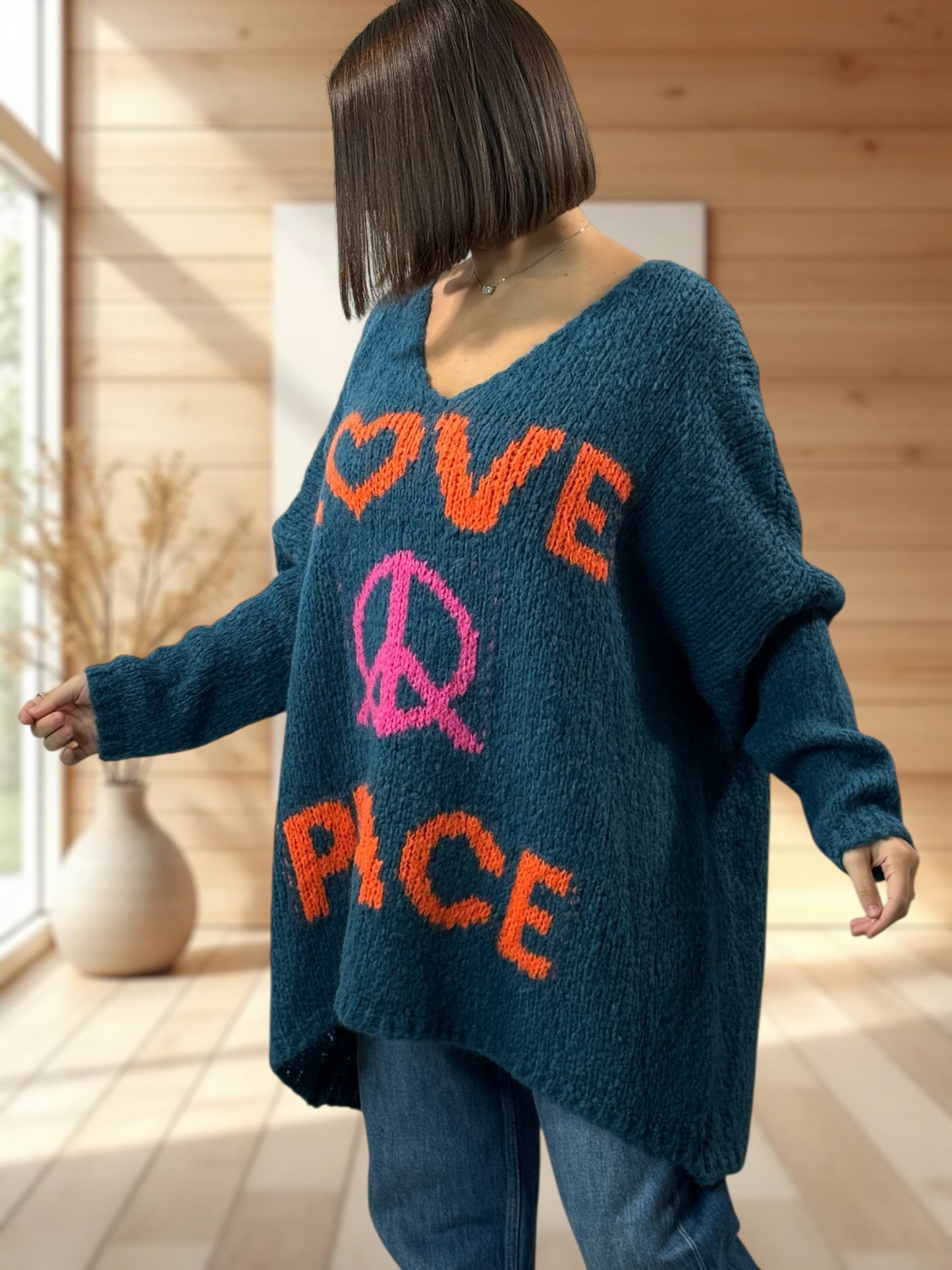 LUCKY - PULL BLEU OVERSIZE PEACE & LOVE JUSQU'A LA TAILLE 56/58