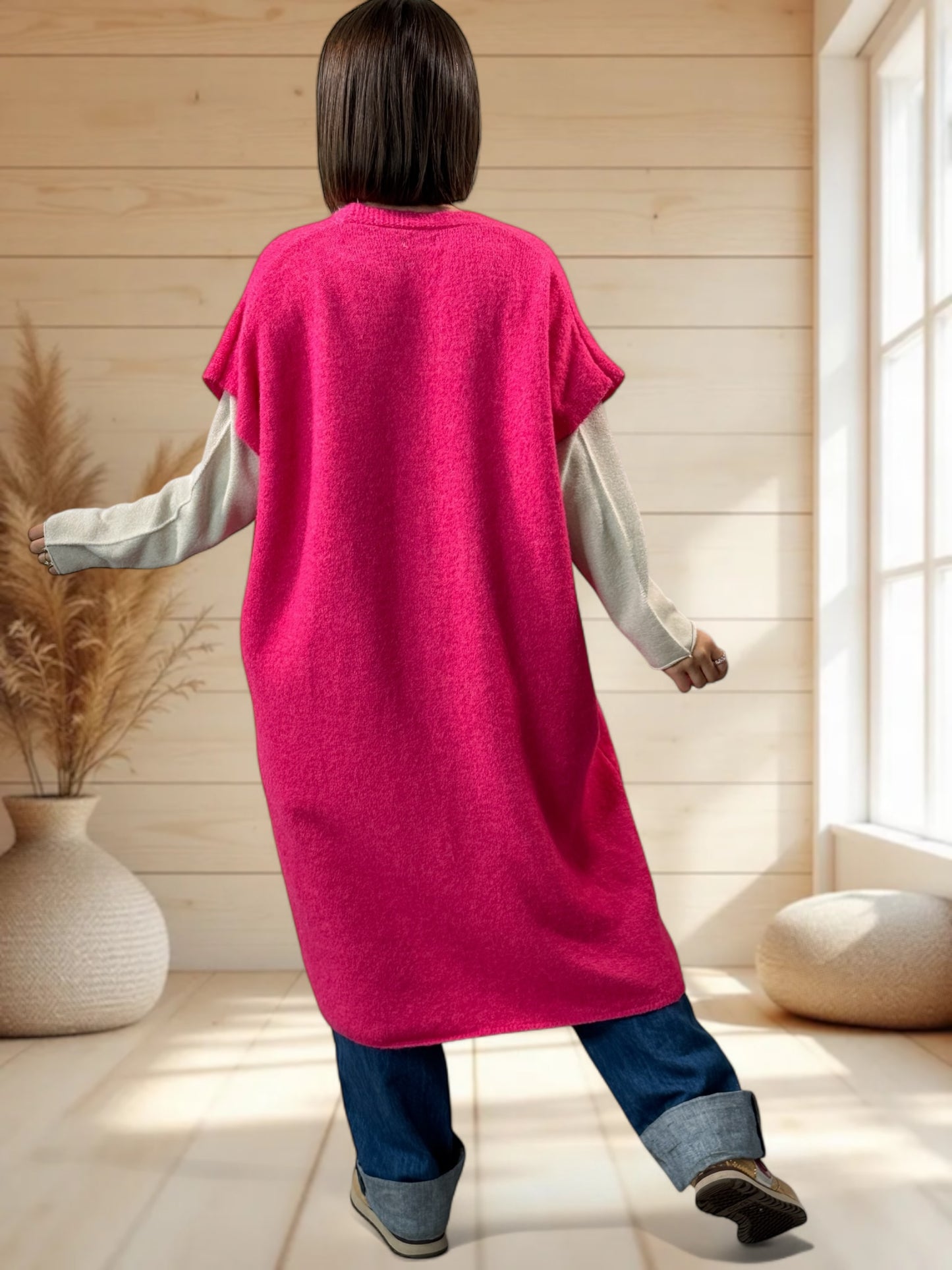 UGO - LONG GILET OVERSIZE FUCHSIA JUSQU'A LA TAILLE 56/58