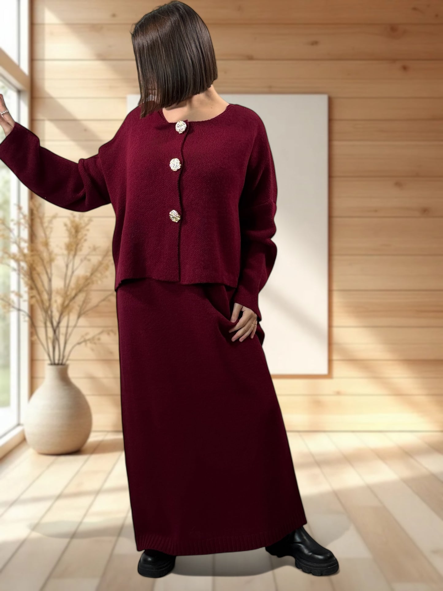 GABRIELA - ENSEMBLE BORDEAUX EN MAILLE ROBE ET GILET JUSQU'A LA TAILLE 48