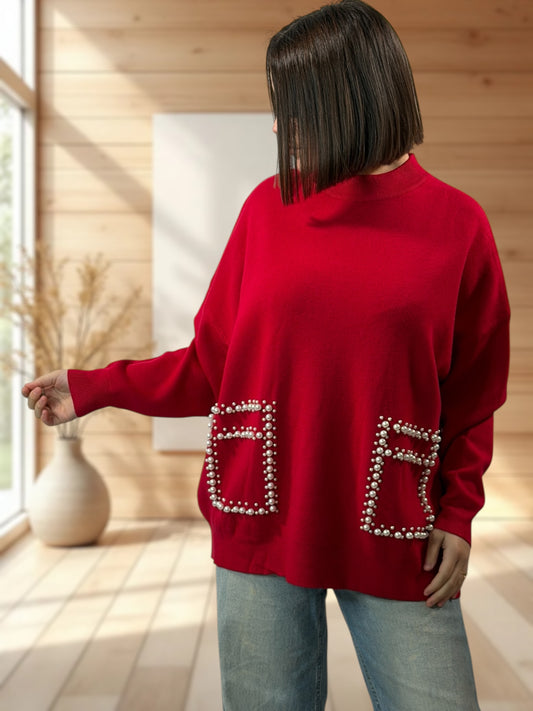BERENICE - PULL ROUGE AVEC PERLE JUSQU'A LA TAILLE 50/52