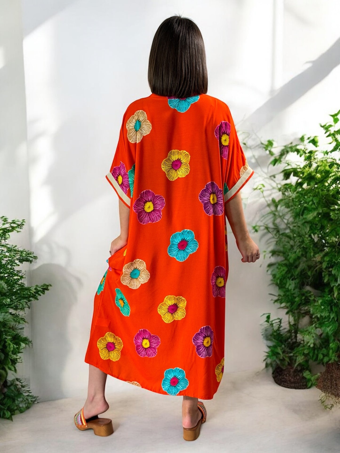 LALY - ROBE OVERSIZE ORANGE MOTIF FLEUR JUSQU'A LA TAILLE 54