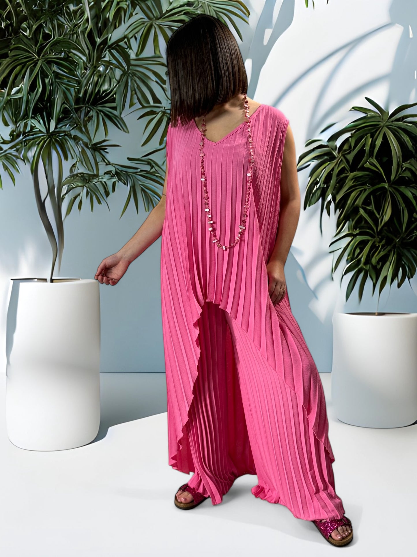 COCKTAIL - ENSEMBLE ROSE TUNIQUE ET PANTALON OVERSIZE JUSQU'A LA TAILLE 56