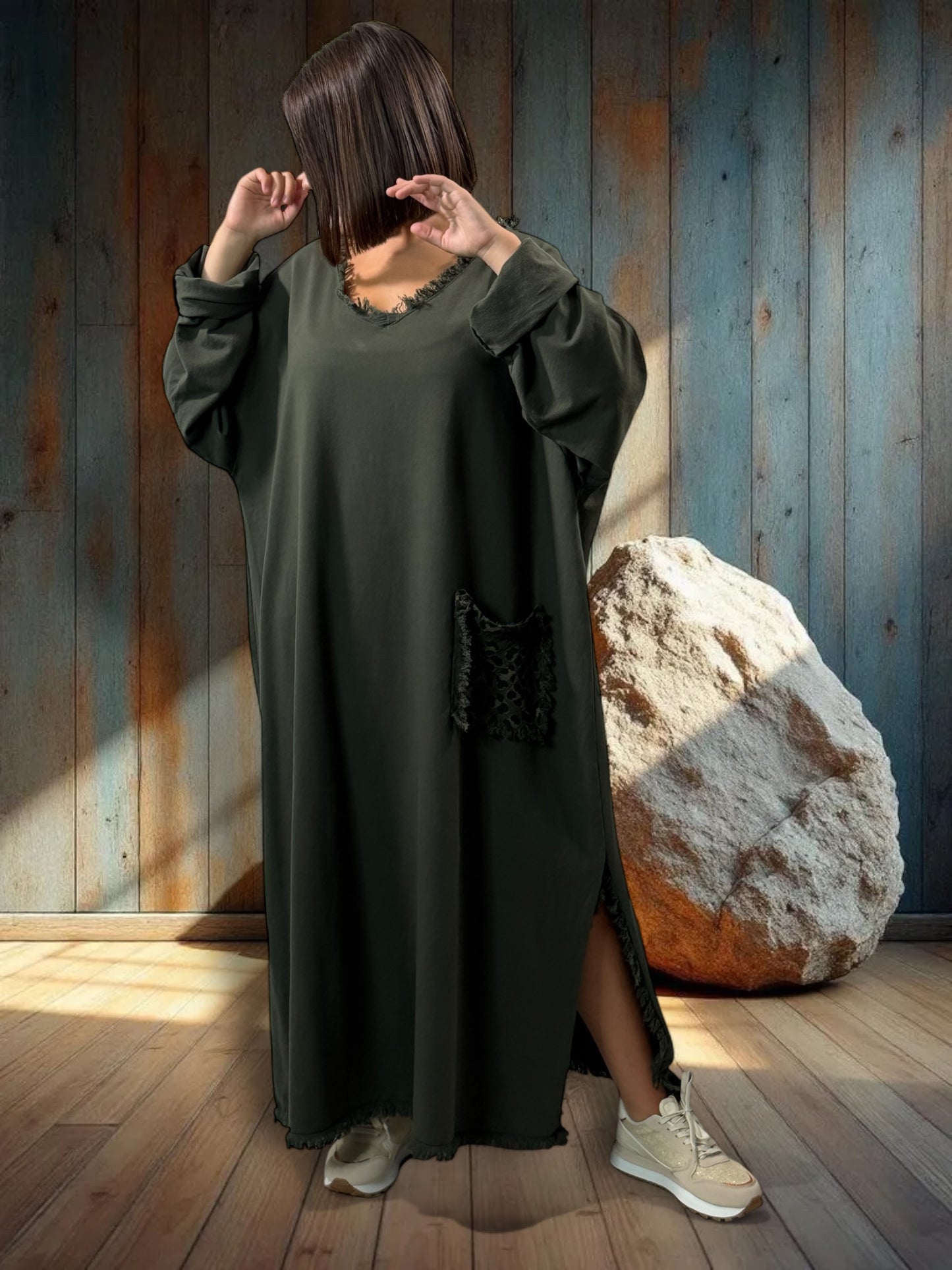 SALOME - ROBE OVERSIZE KAKI POCHE LEOPARD JUSQU'A LA TAILLE 58