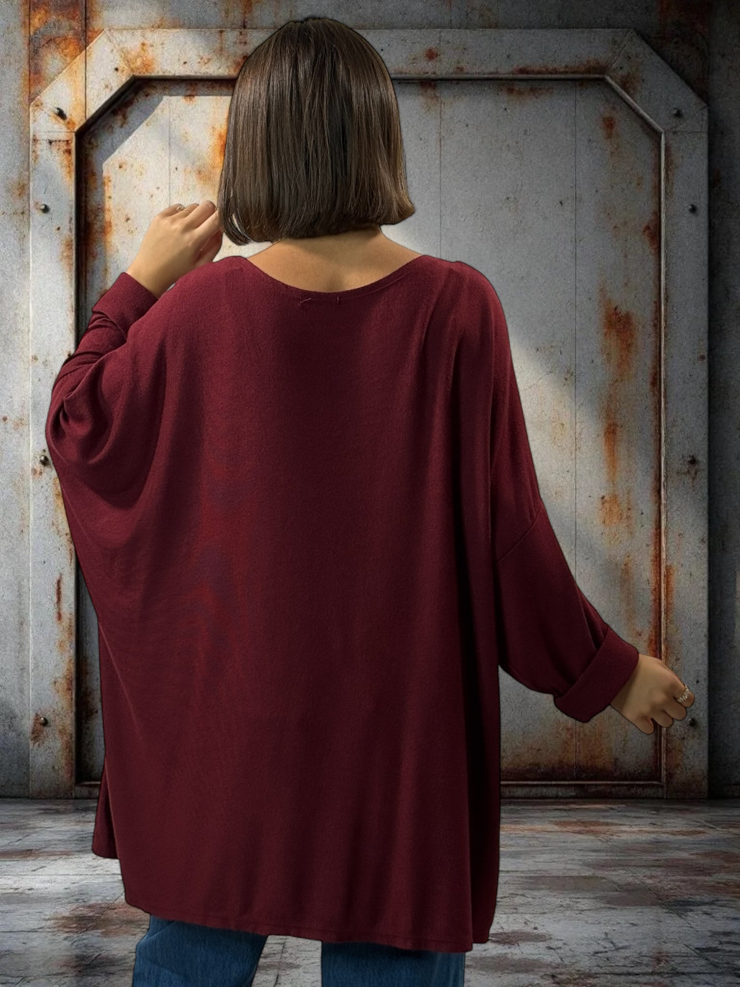 TIPHAINE - PULL BORDEAUX EN MAILLE BORDE DE DENTELLE JUSQU'A LA TAILLE 56