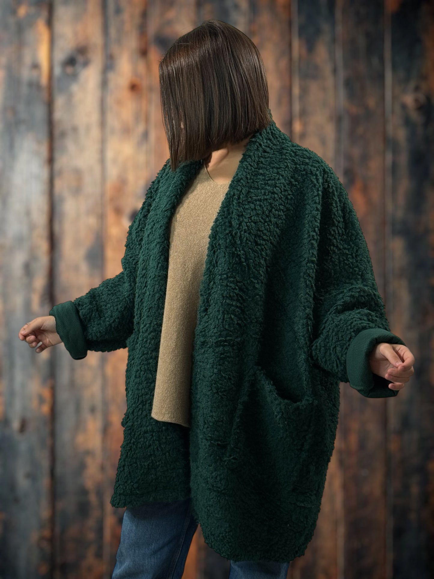 LILIROSE - VESTE OVERSIZE VERTE EN MOUMOUTE JUSQU'A LA TAILLE 56/58