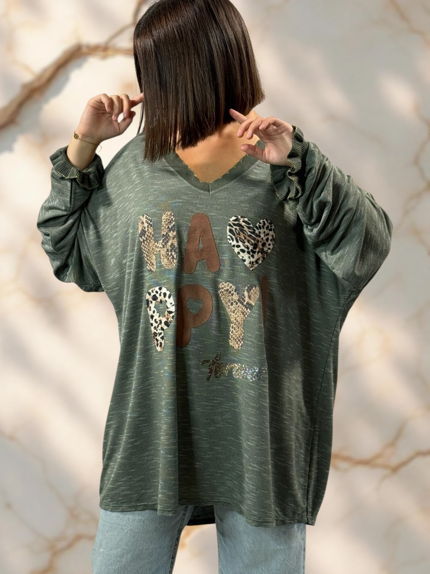 HELLO - PULL KAKI EN MAILLE LOGO HAPPY JUSQU'A LA TAILLE 54