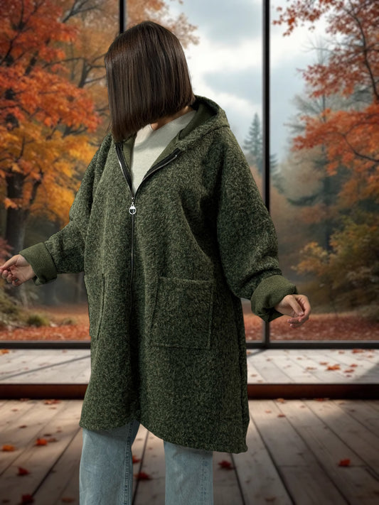 OCEANE - VESTE OVERSIZE KAKI A CAPUCHE JUSQU'A LA TAILLE 54/56