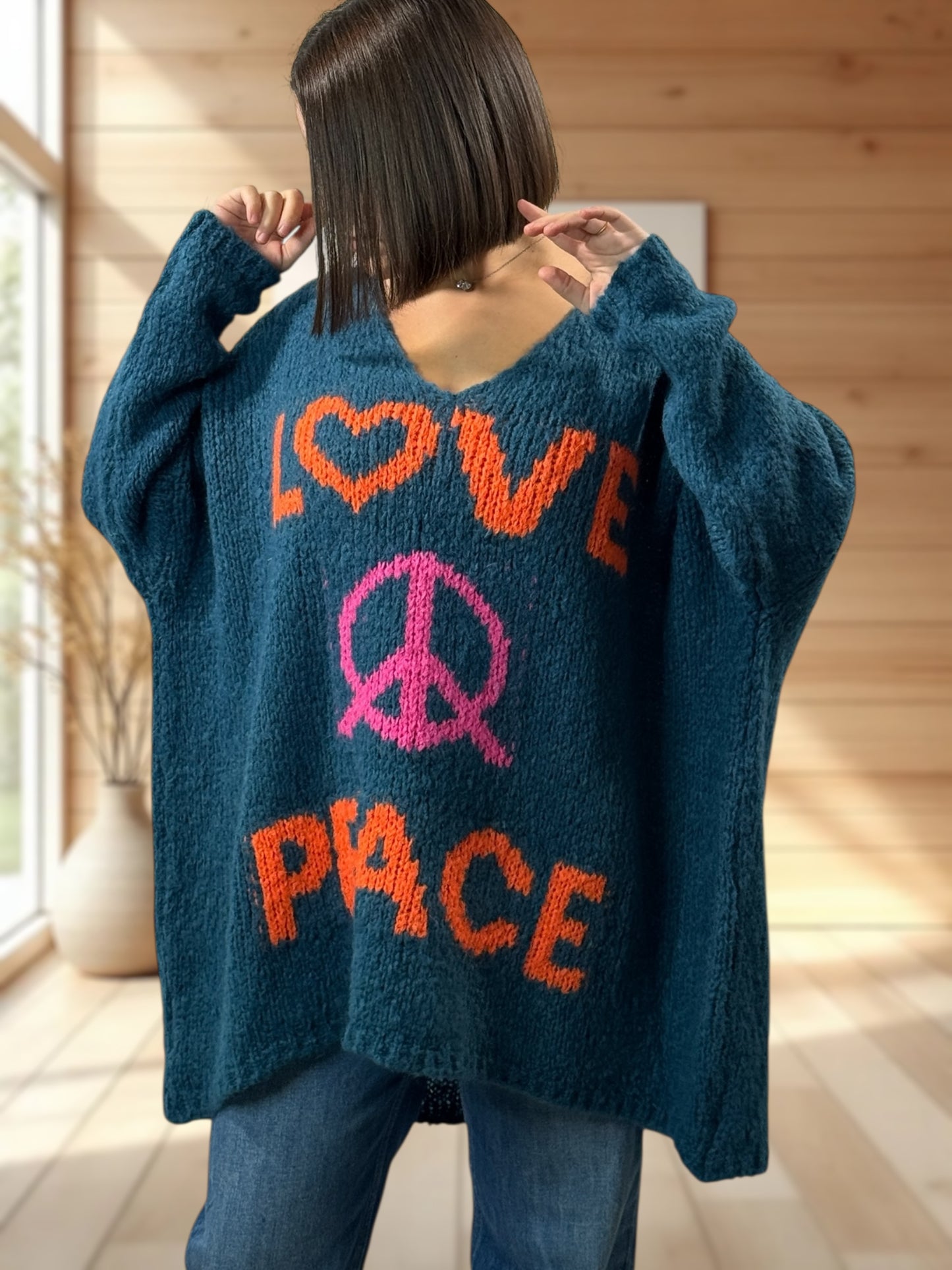 LUCKY - PULL BLEU OVERSIZE PEACE & LOVE JUSQU'A LA TAILLE 56/58