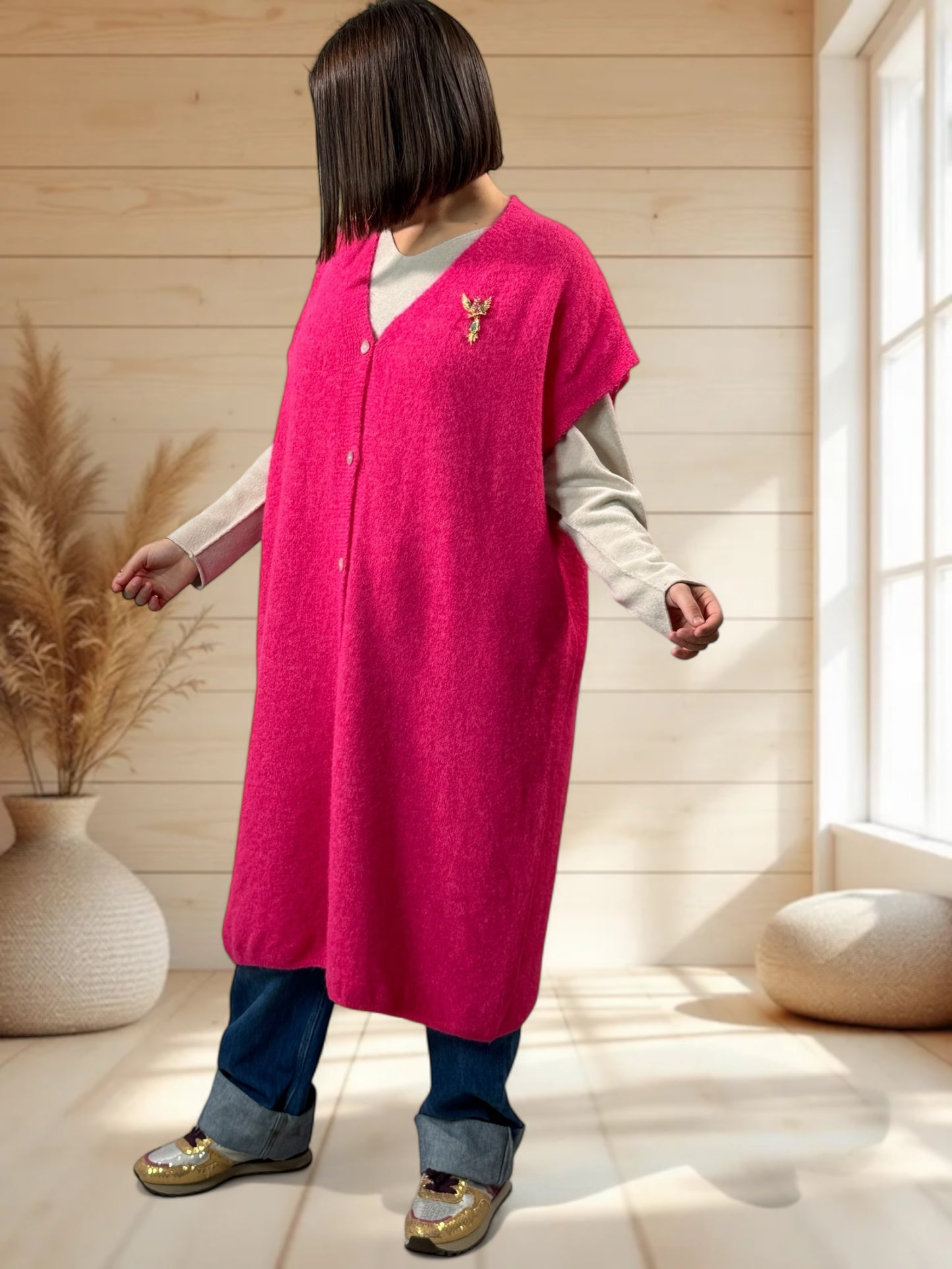 UGO - LONG GILET OVERSIZE FUCHSIA JUSQU'A LA TAILLE 56/58