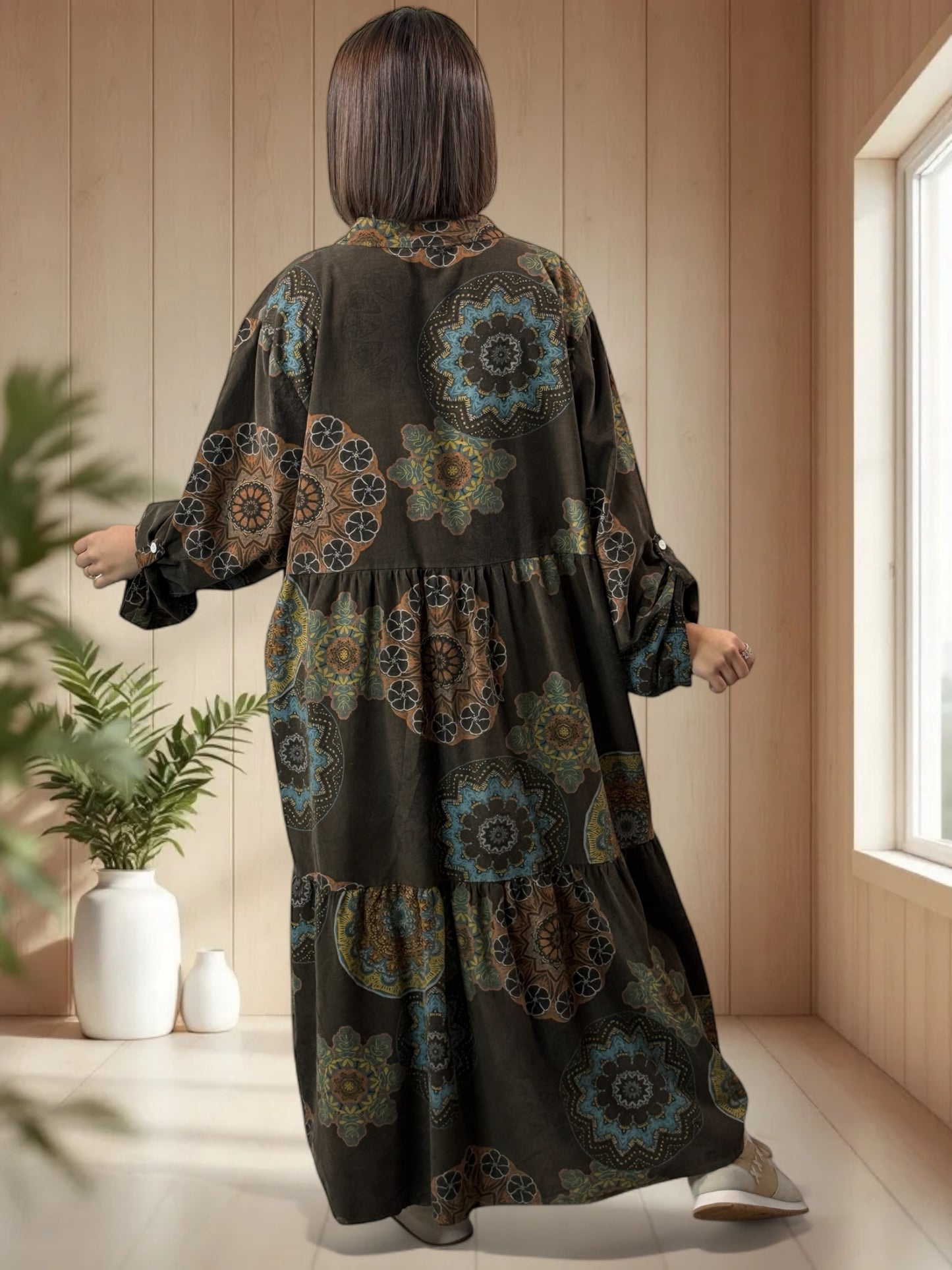VANINA - ROBE MARRON A MOTIF EN VELOURS JUSQU'A LA TAILLE 52