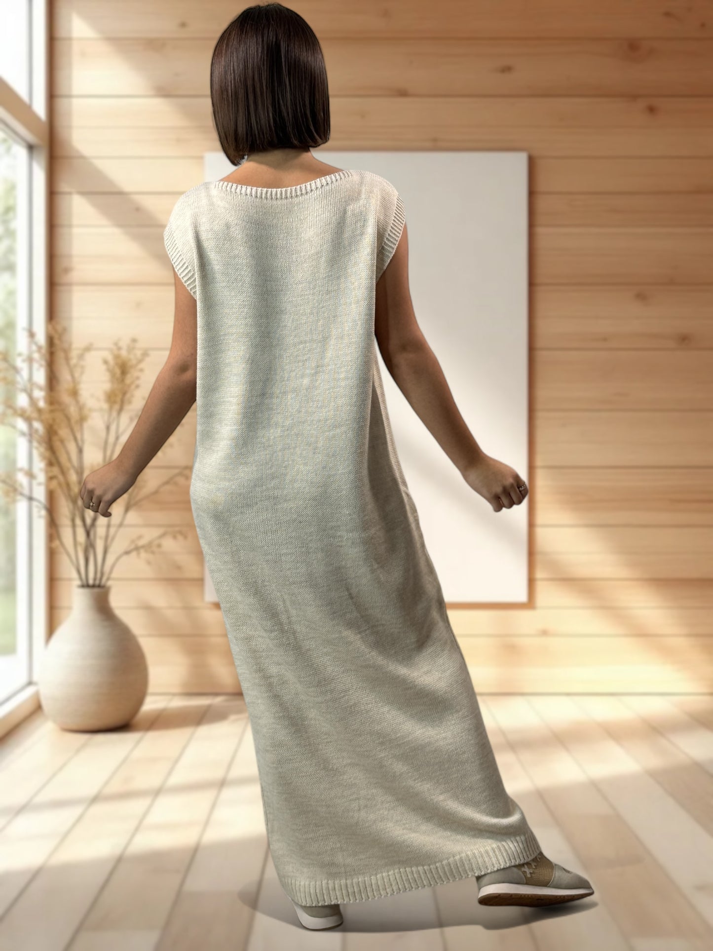 GABRIELA - ENSEMBLE BEIGE EN MAILLE ROBE ET GILET JUSQU'A LA TAILLE 48