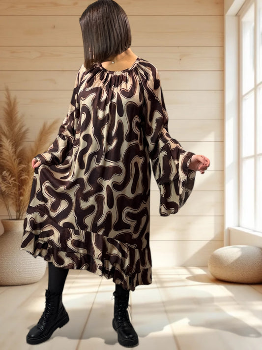 MATHILDA - ROBE AVEC DE LA SOIE MOTIF MARRON JUSQU'A LA TAILLE 50