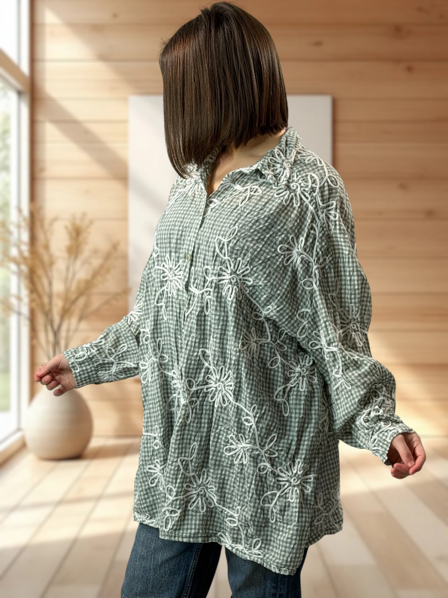 NINA - CHEMISE OVERSIZE VICHY KAKI JUSQU'A LA TAILLE 52