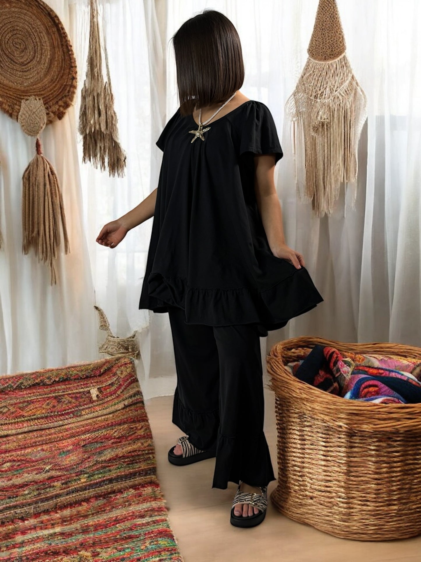CANNES - ENSEMBLE TUNIQUE ET PANTALON FLUIDE NOIR JUSQU'A LA TAILLE 52