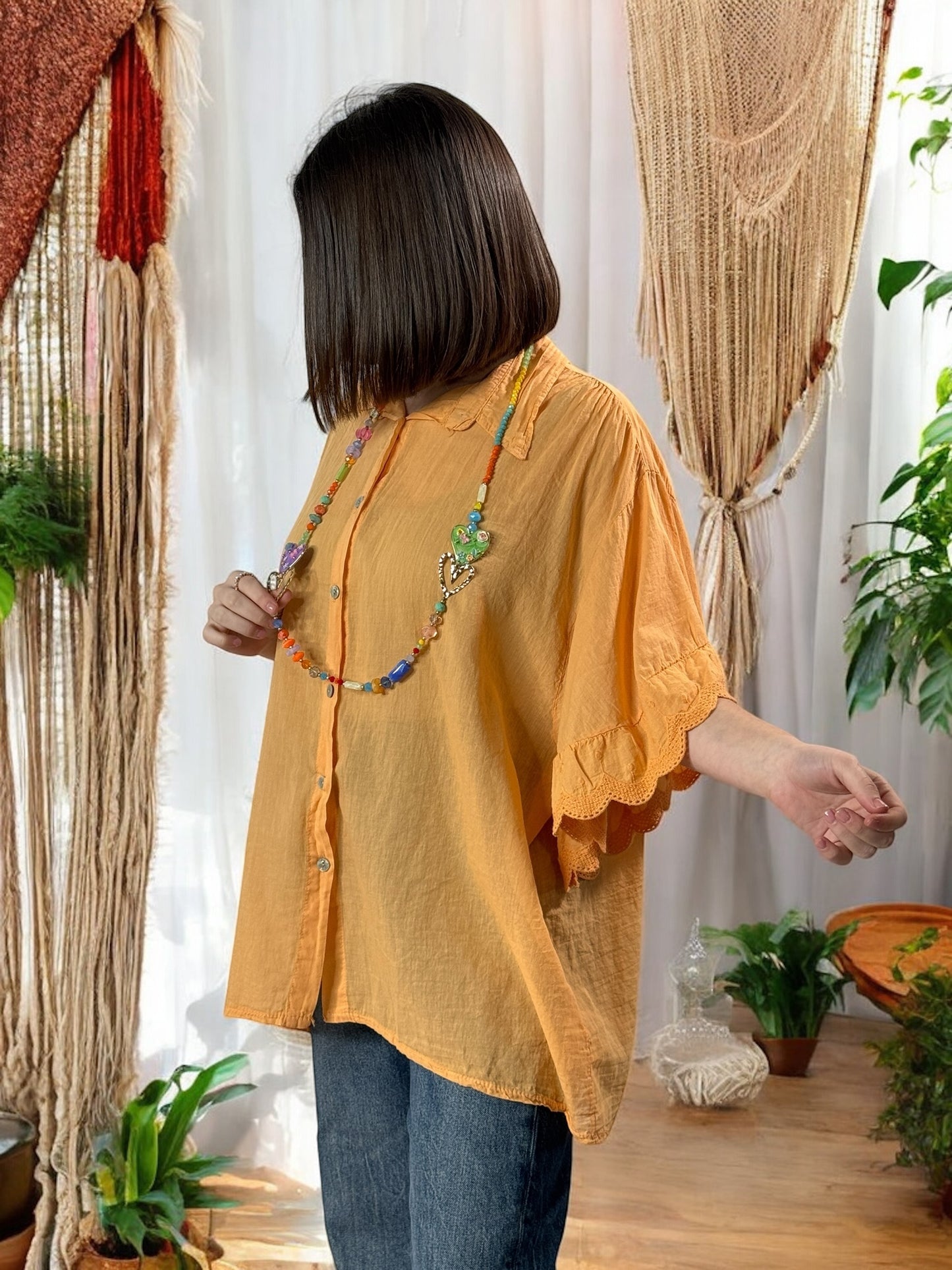 ANASTASIA - BLOUSE OVERSIZE ORANGE EN COTON JUSQU'A LA TAILLE 52/54