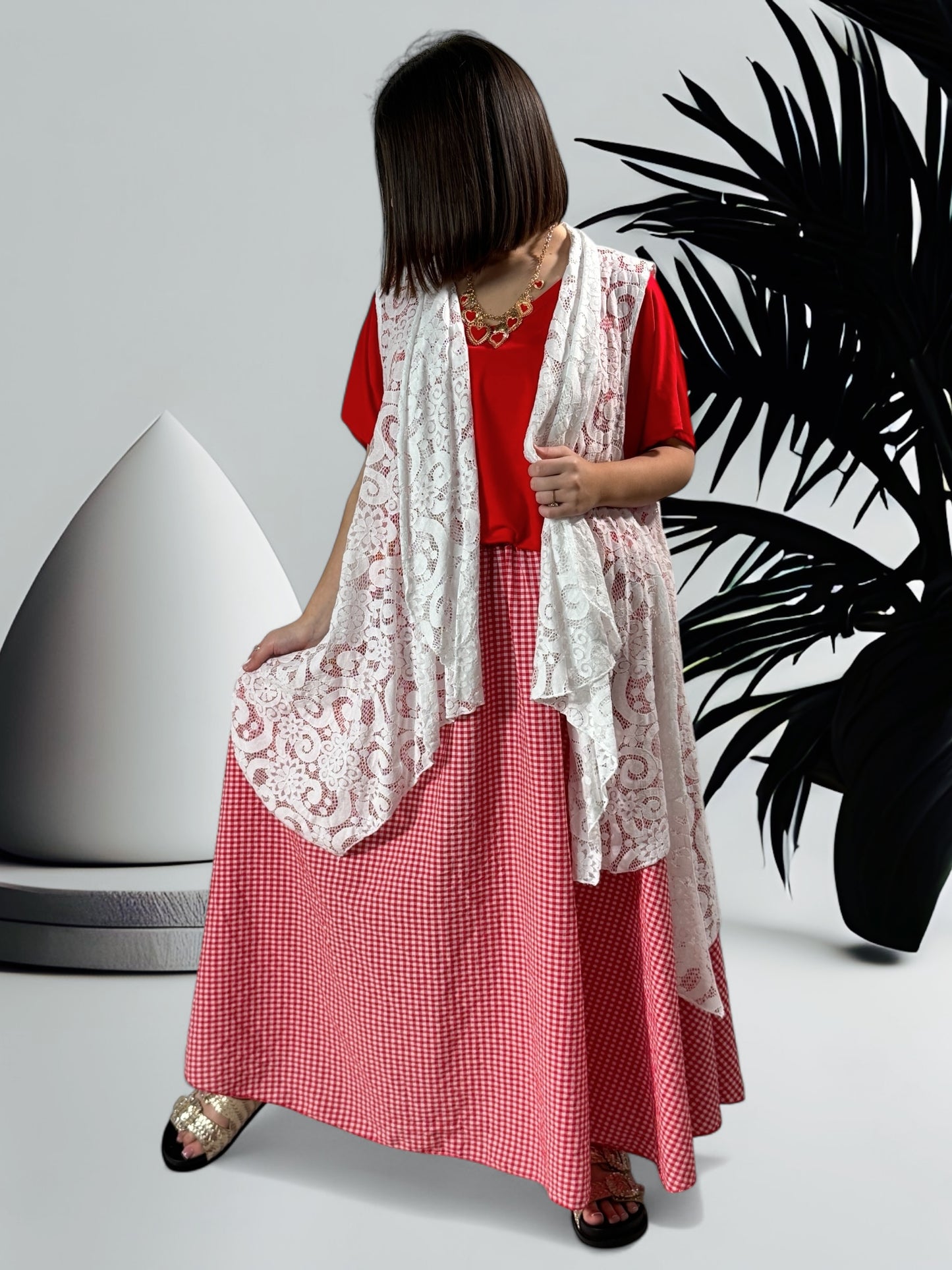 ESTIVALE - JUPE AMPLE VICHY ROUGE JUSQU'A LA TAILLE 52