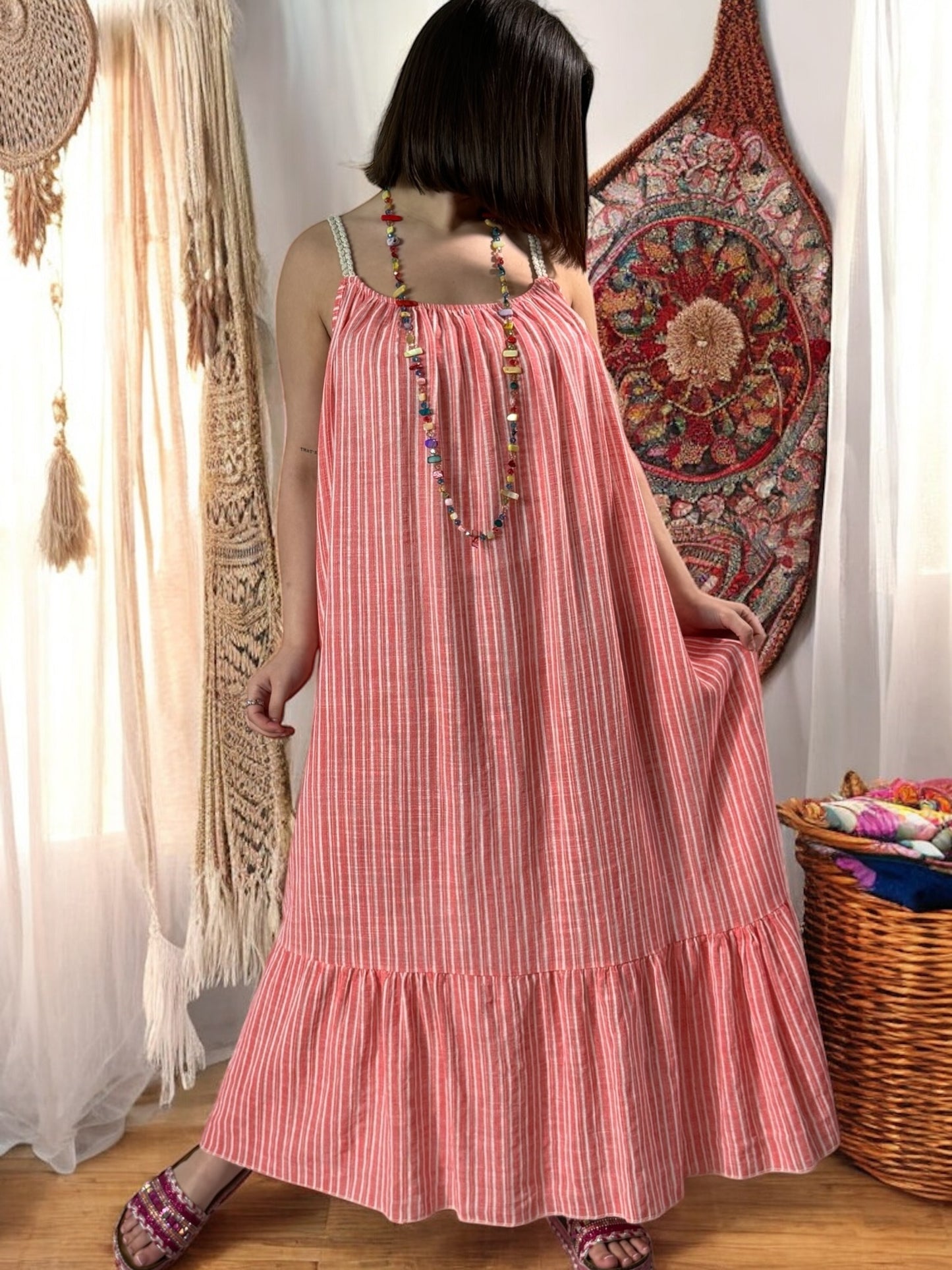 MARION - ROBE LONGUE CORAIL A RAYURE JUSQU'A LA TAILLE 54