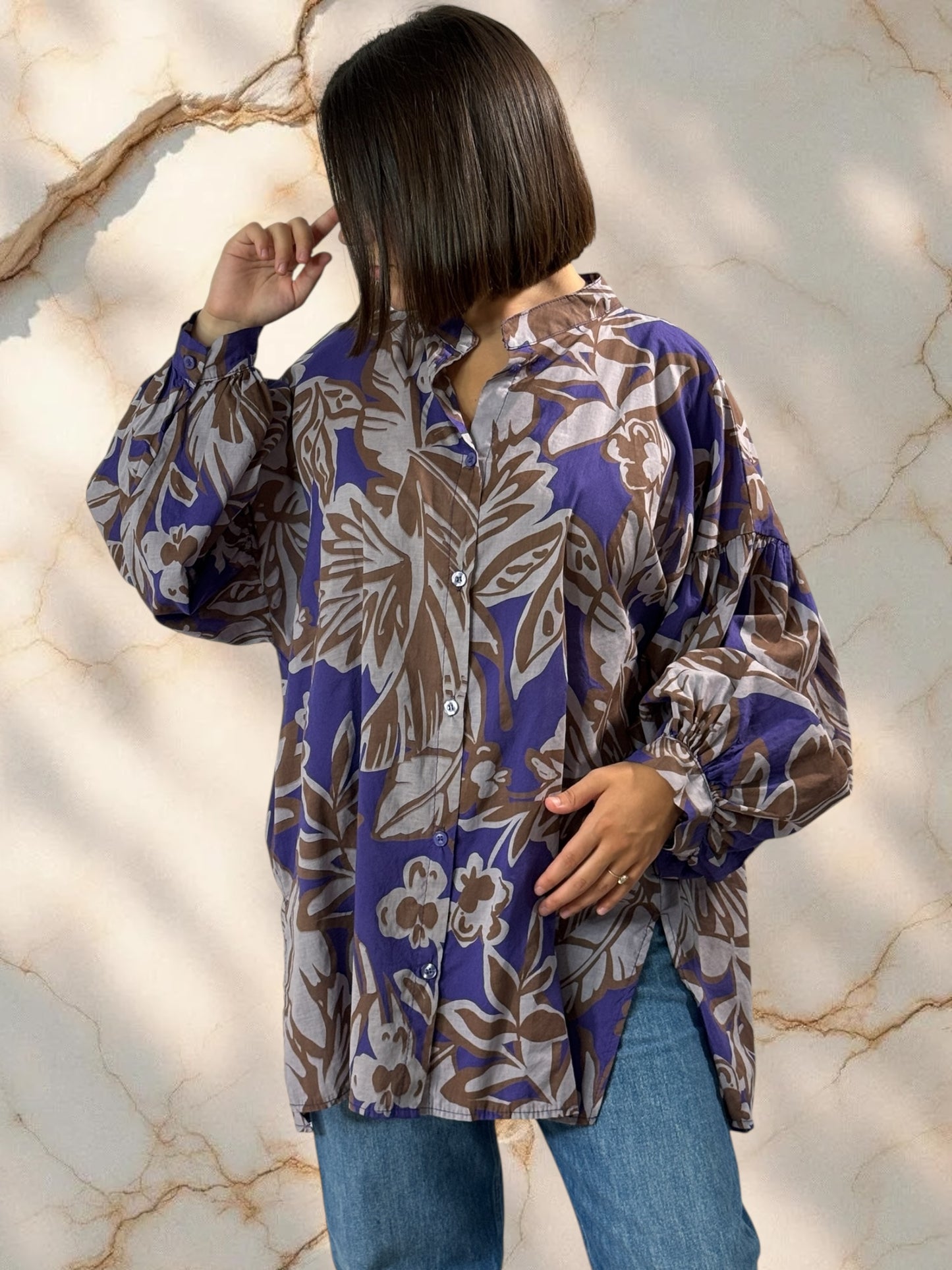 MARIKA - BLOUSE MOTIF VIOLET EN COTON OVERSIZE JUSQU'A LA TAILLE 52/54