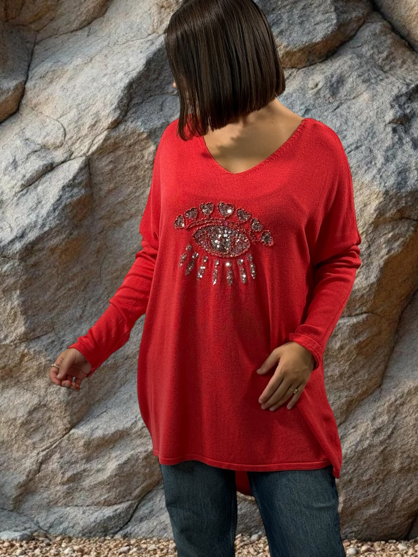 FREEDOM - PULL ROUGE EN MAILLE FLUIDE OEIL EN SEQUINS JUSQU'A LA TAILLE 52