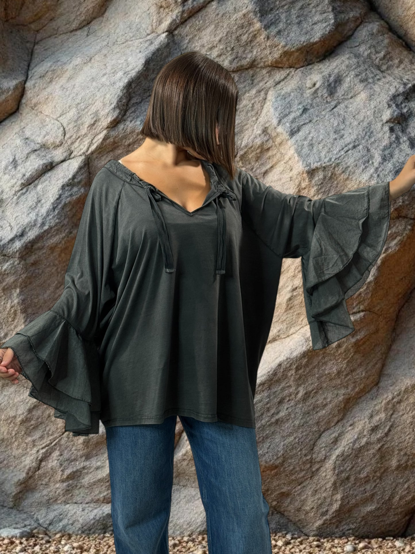 EMILIE - BLOUSE GRISE EN COTON OVERSIZE JUSQU'A LA TAILLE 52