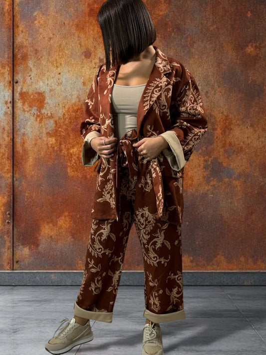 KEVIN - PANTALON ROUX A MOTIF EN SUEDINE JUSQU'A LA TAILLE 52